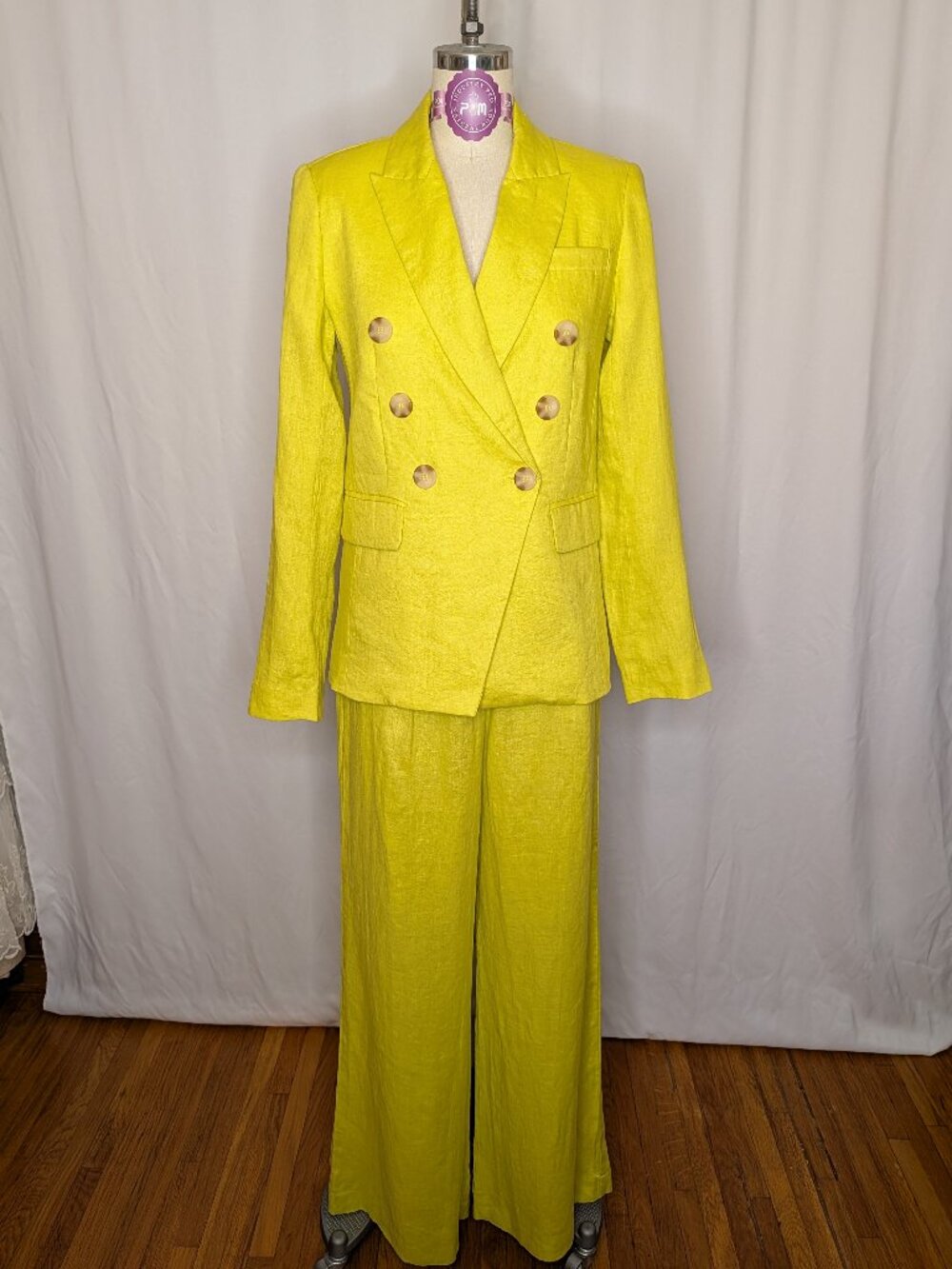 NWT Magaschoni Chatreuse Linen Double-Breasted Blazer & Wide Leg Pants Suit - XS
